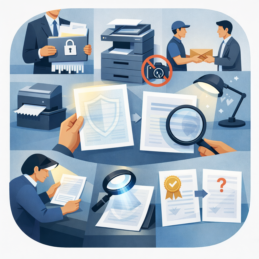 印刷物透かしの仕組みをイメージした図。紙文書に識別情報や管理情報を付加し、情報漏洩対策や真正性証明に役立つことを示しています。